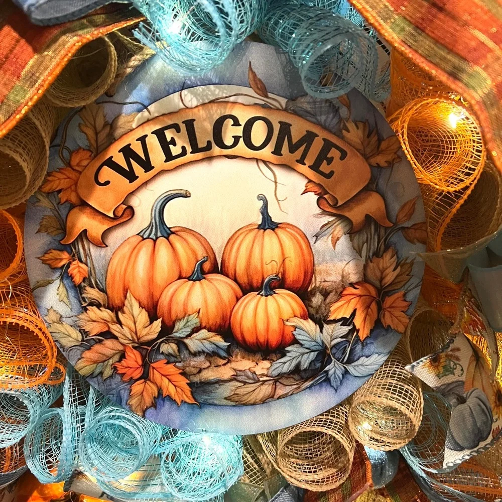 Handmade Fall Autumn Blue Thanksgiving Ribbon Welcome Door Wreath Leaf 22 in LED